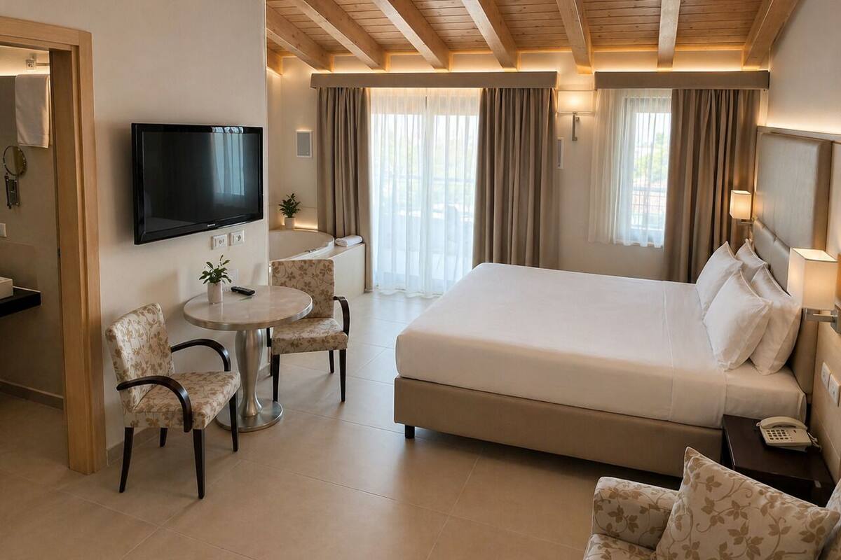 Quarto de hotel com uma cama, televisão, mesa redonda com cadeiras, pequena mesa com uma planta e uma janela com cortinas.