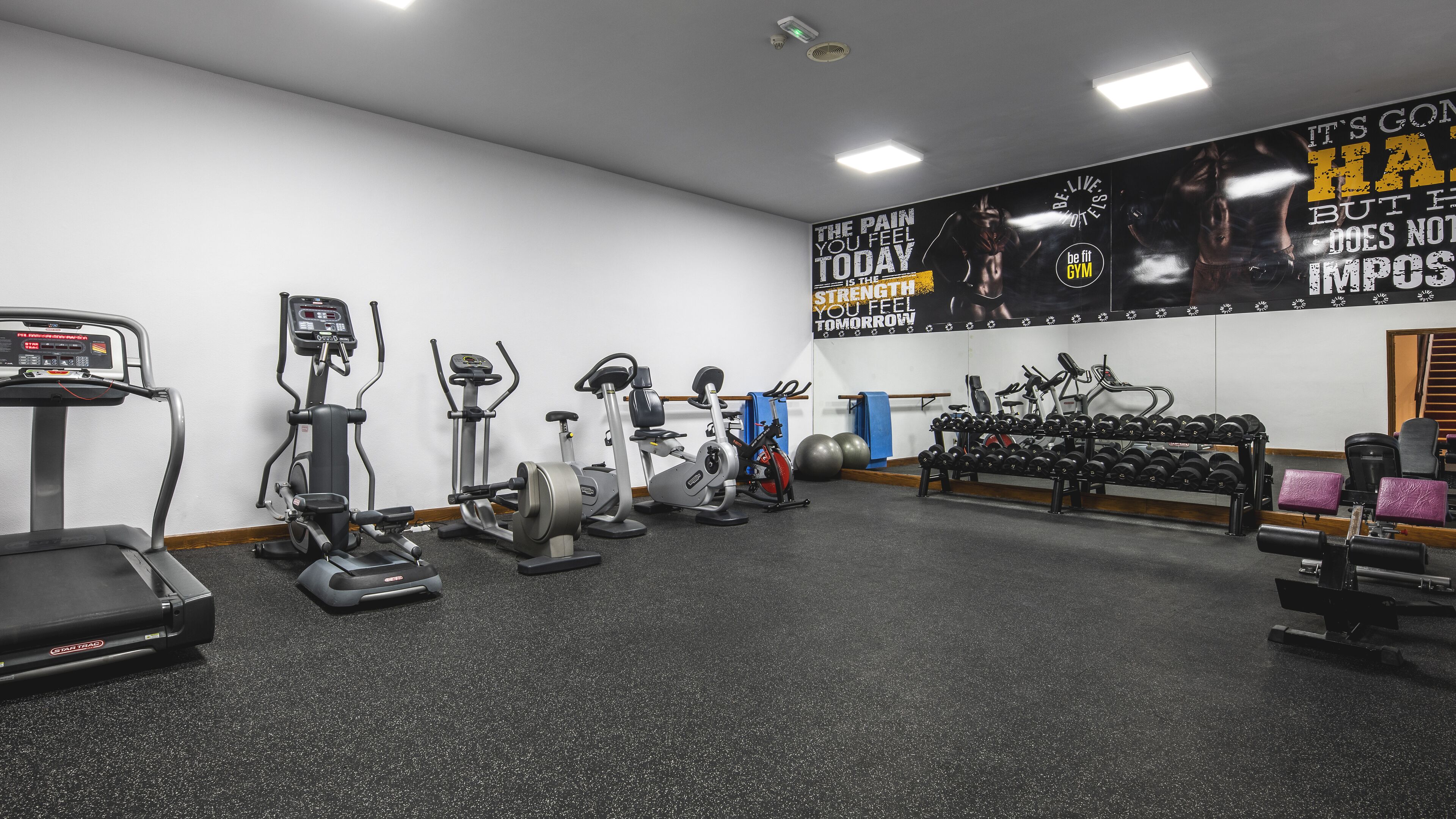 Un gimnasio con máquinas de cardio, bancos de pesas y mancuernas.