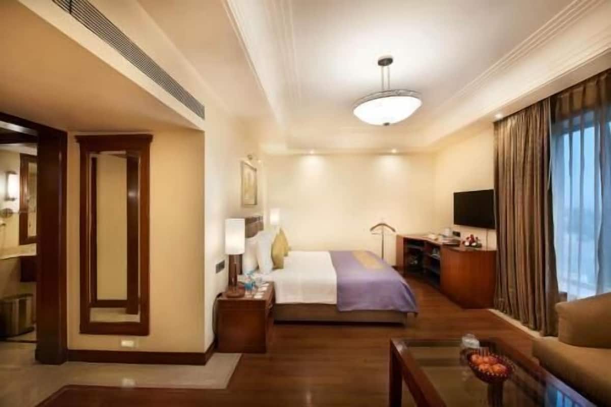 Una habitación de hotel con cama, escritorio, televisor y ventana con cortinas.