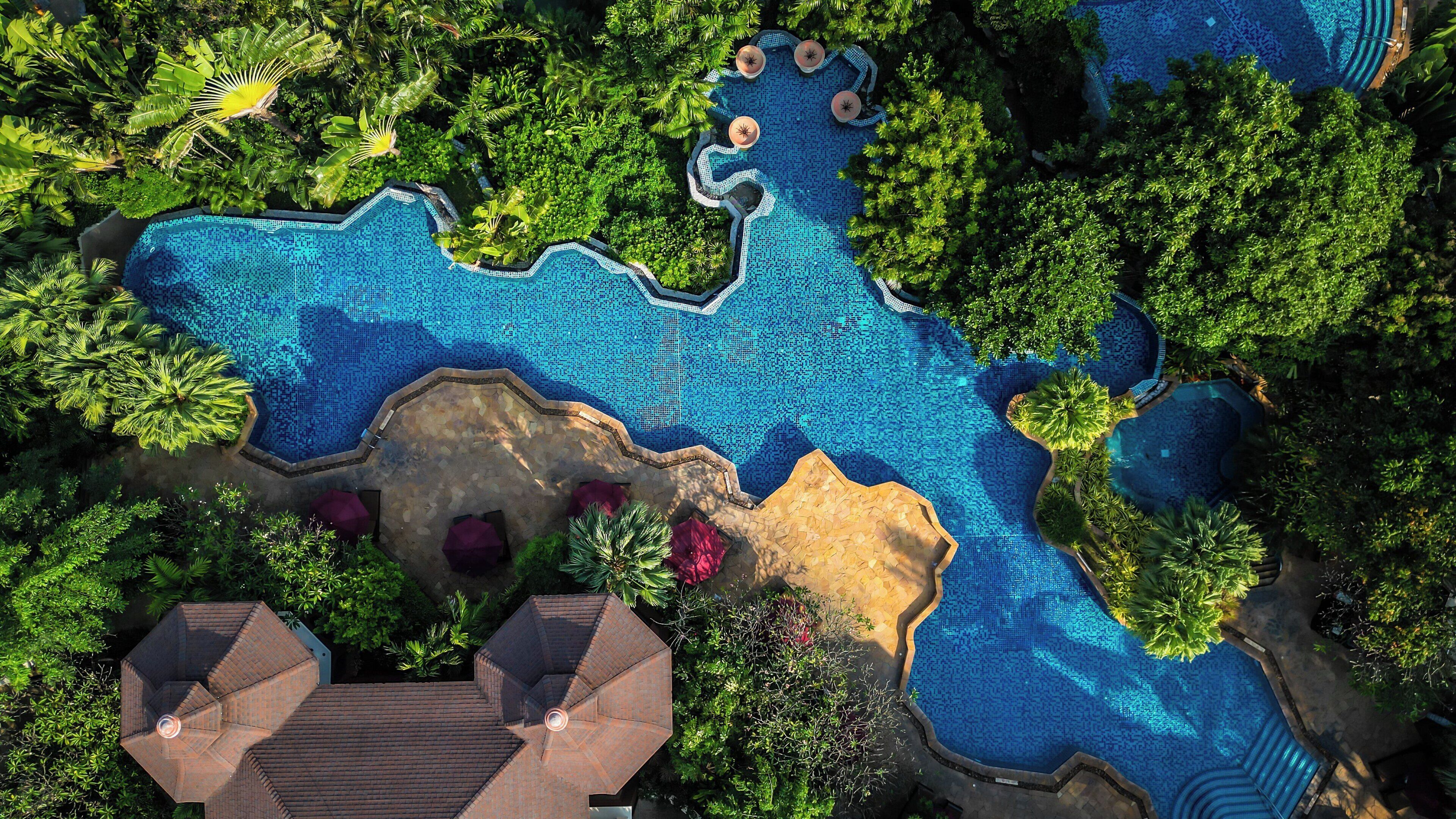 An aerial view of a pool surrounded by lush greenery and shaded by trees.