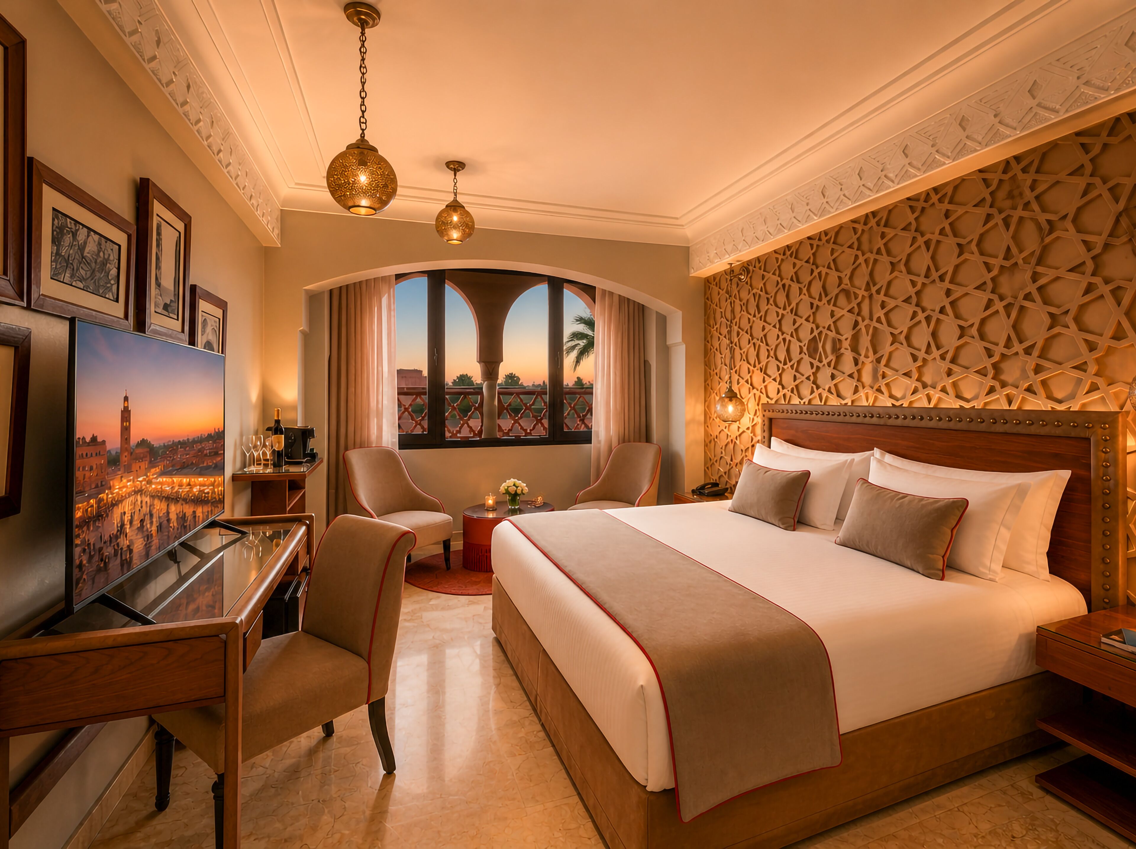 A hotel room with a bed, desk, chairs, a TV, and a view of a cityscape.