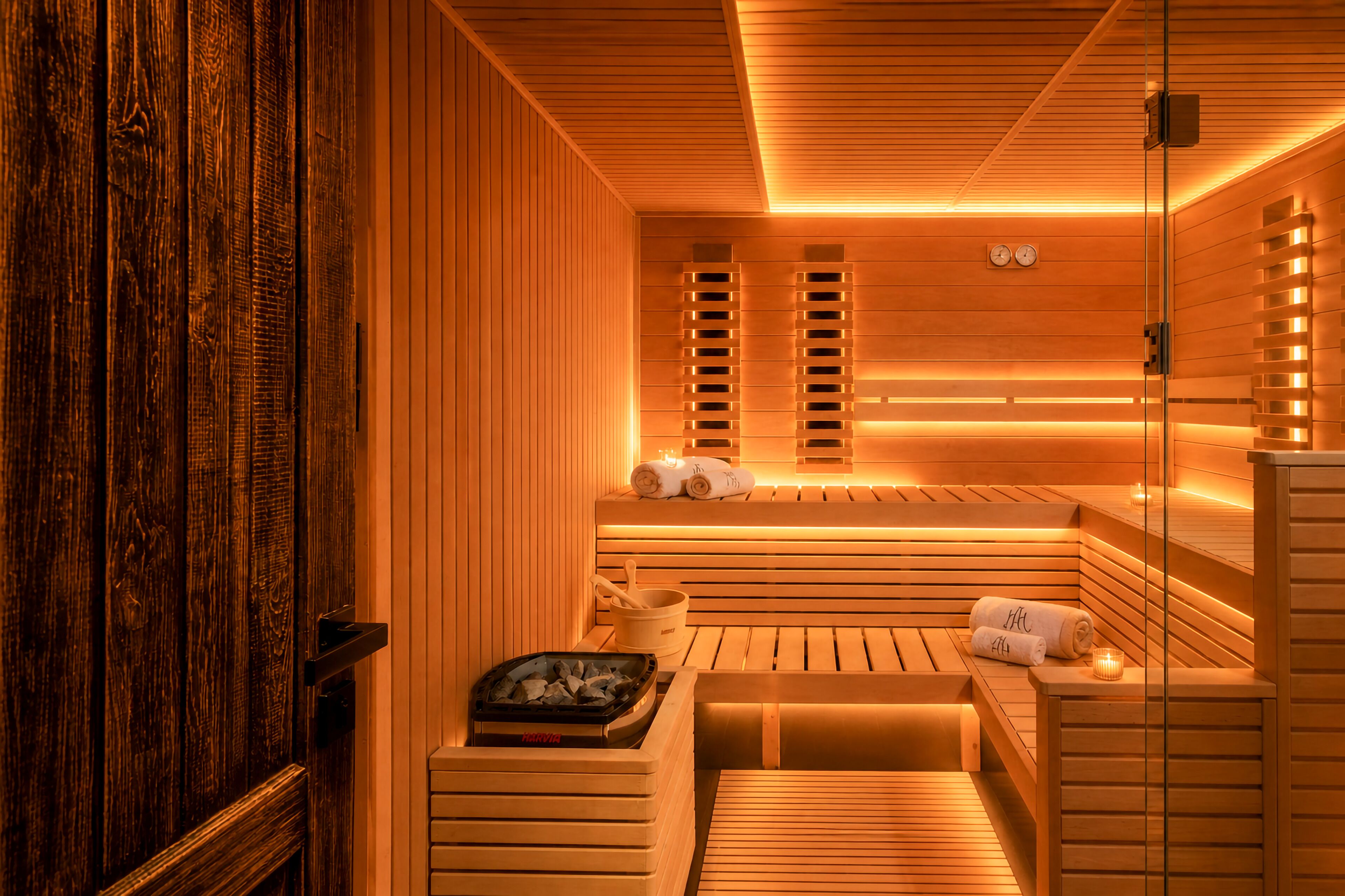 Eine Sauna mit Holzbänken, einer Holztür und einem Wandofen.