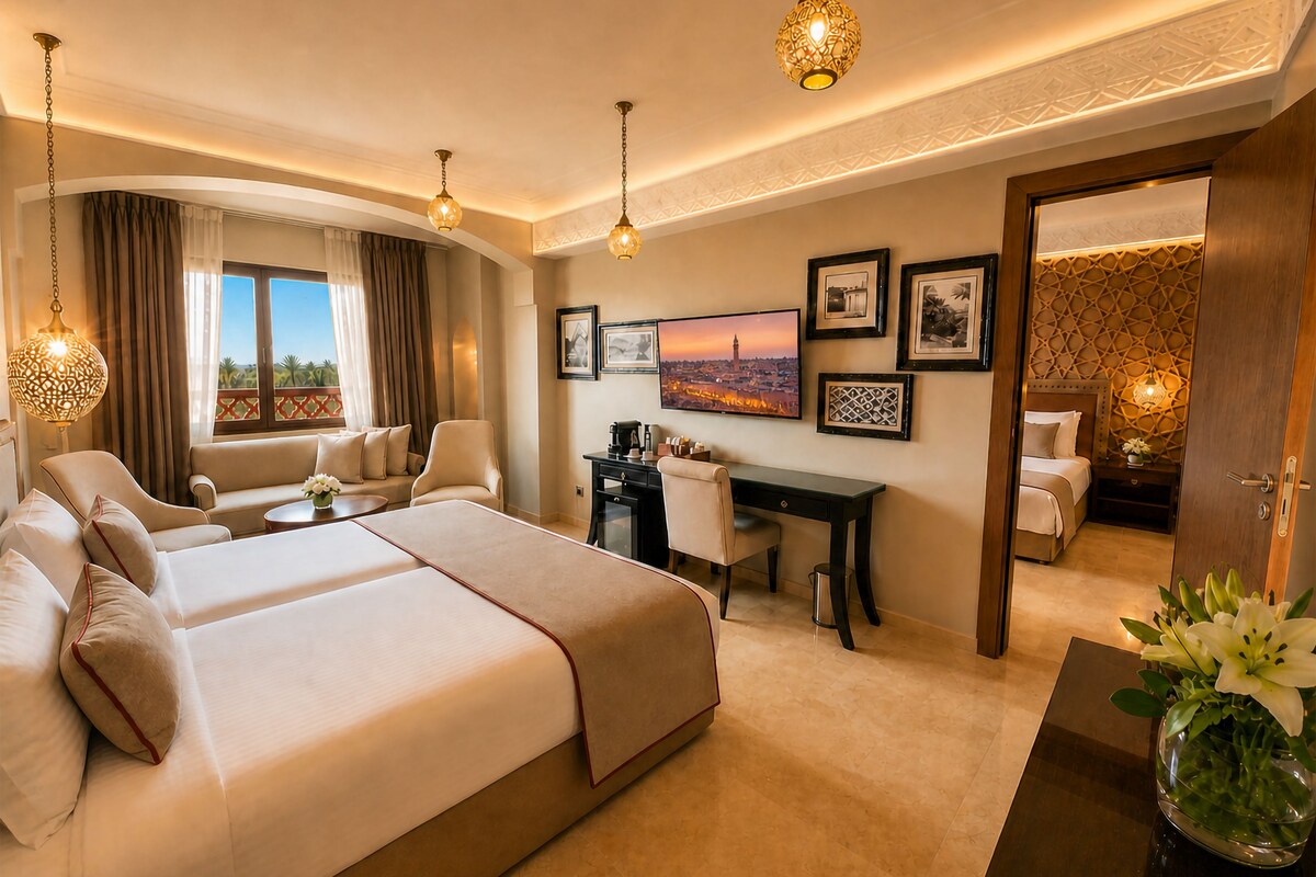 Habitación de hotel con cama, escritorio, sillas y televisión mostrando una vista urbana.