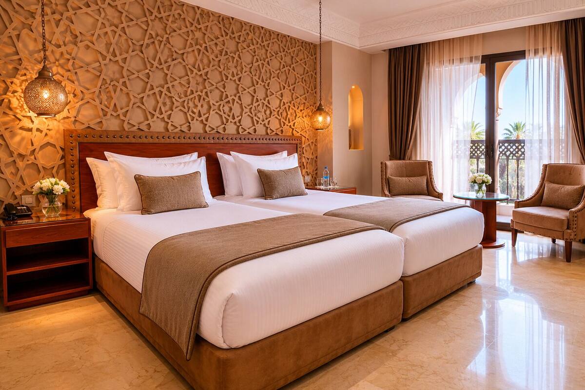 Ein Hotelzimmer mit einem großen Bett, zwei Nachttischen, einem Sessel und Blick ins Freie.