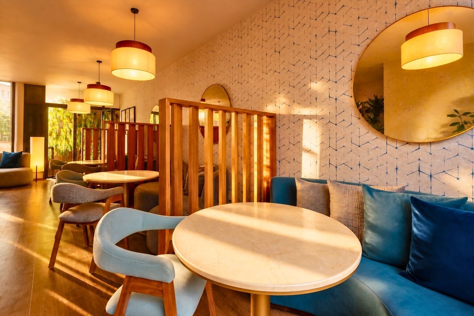 A modern interior with round tables, blue sofas, and wooden partitions.