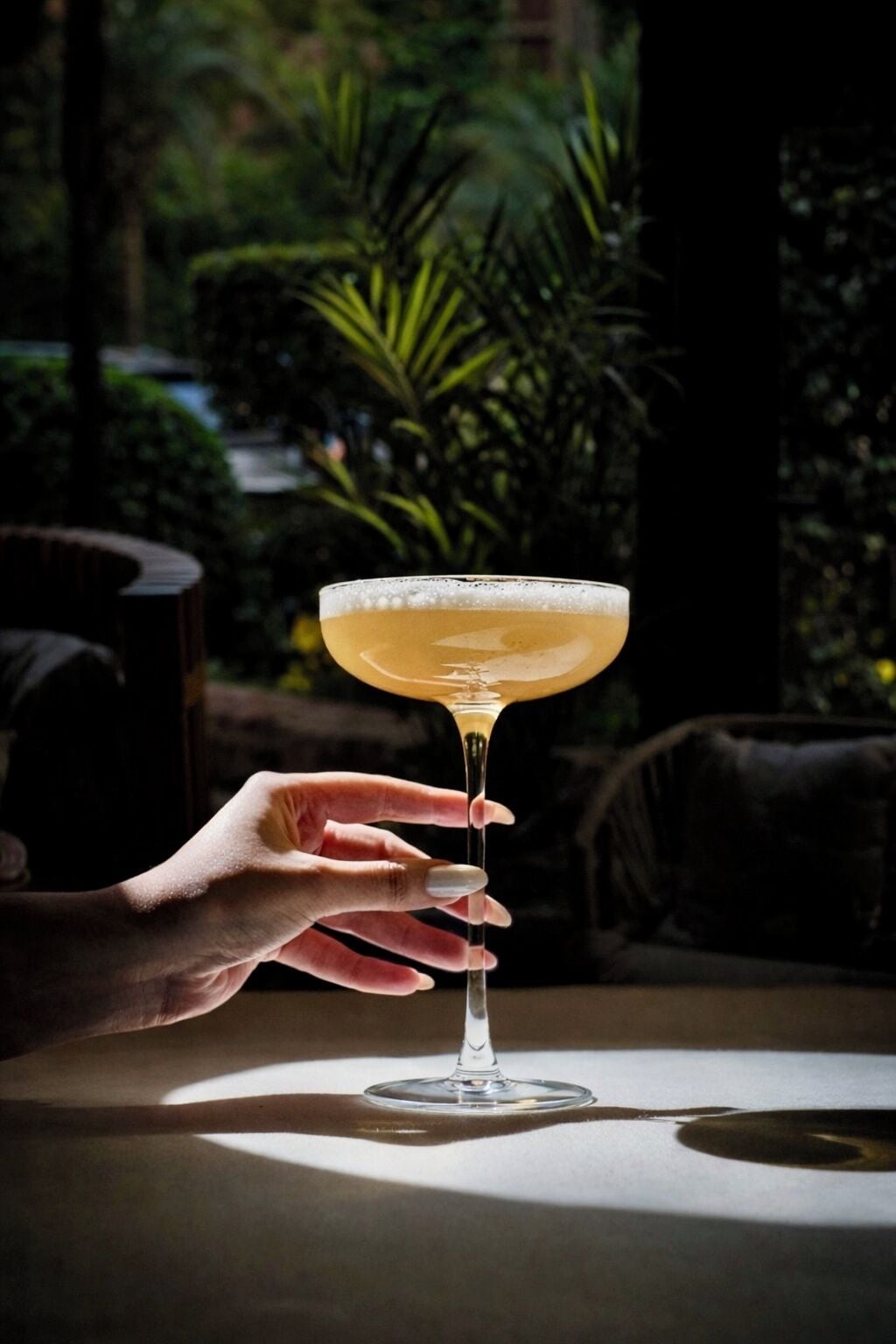 A hand holding a cocktail glass with a clear liquid, set against a blurred background of greenery.