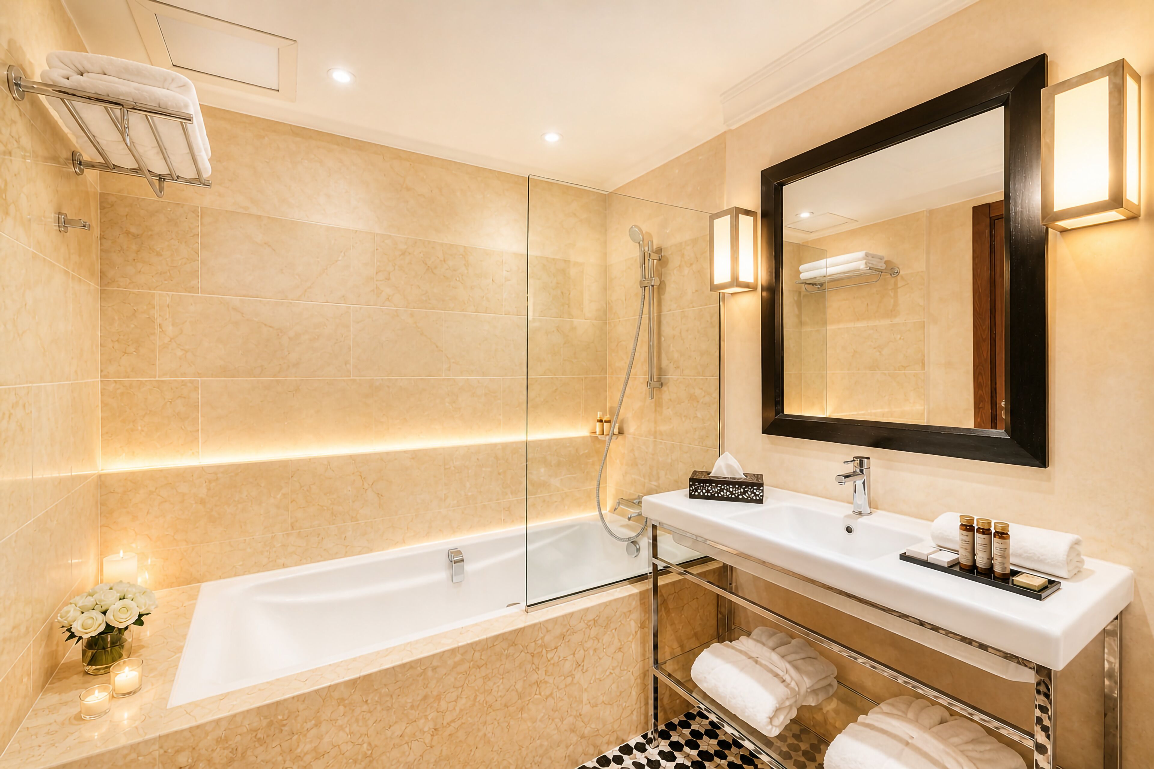 Un bagno moderno con una vasca, una doccia in vetro e un mobile lavabo con specchio, e un porta asciugamani.