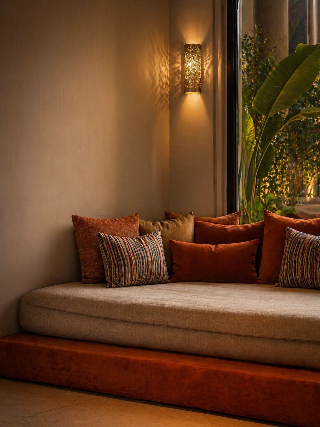 Un coin salon confortable avec un banc rembourré, un luminaire fixé au mur et une vue sur la verdure environnante.