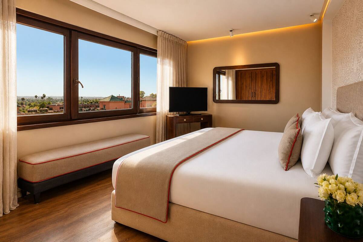 Ein Hotelzimmer mit einem großen Bett, einem Fernseher, einer Bank und Blick auf die Stadtlandschaft.