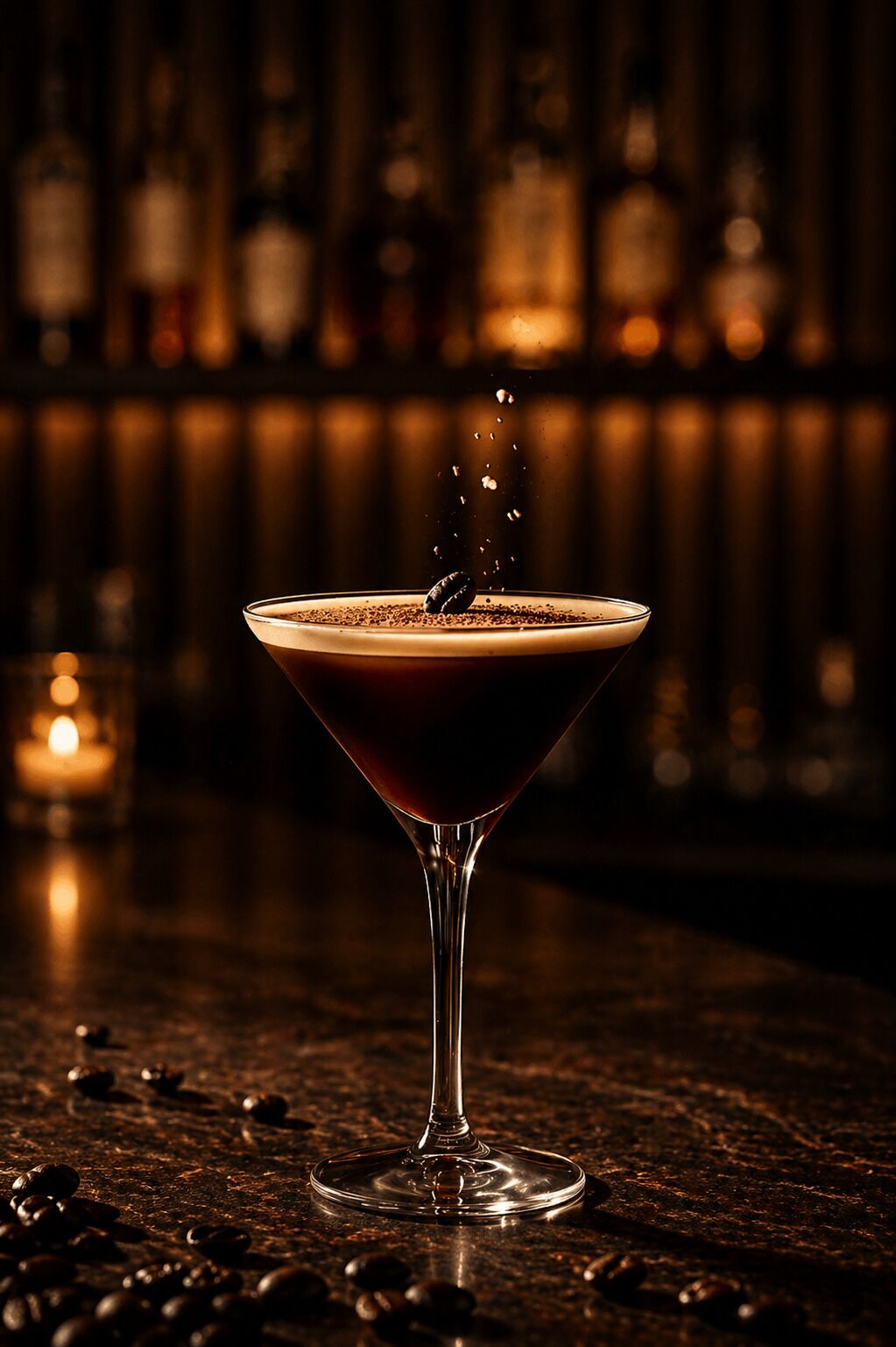 A martini glass with a dark liquid and a frothy top, placed on a surface with scattered coffee beans.