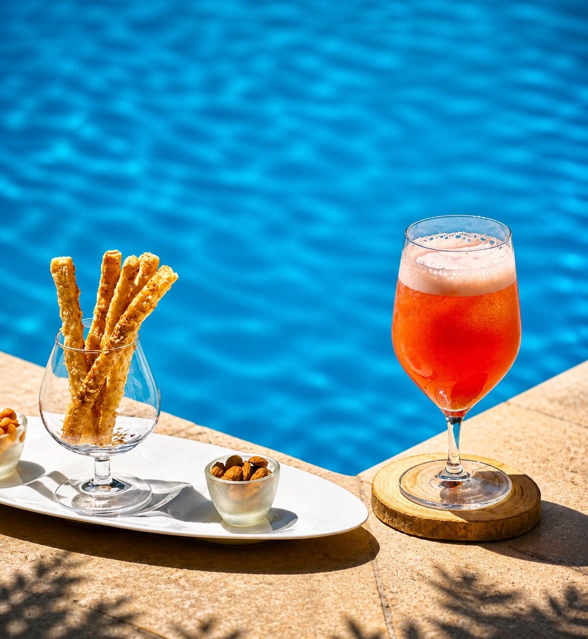 A glass of red beverage, a plate with crackers, and a bowl of nuts by a poolside.