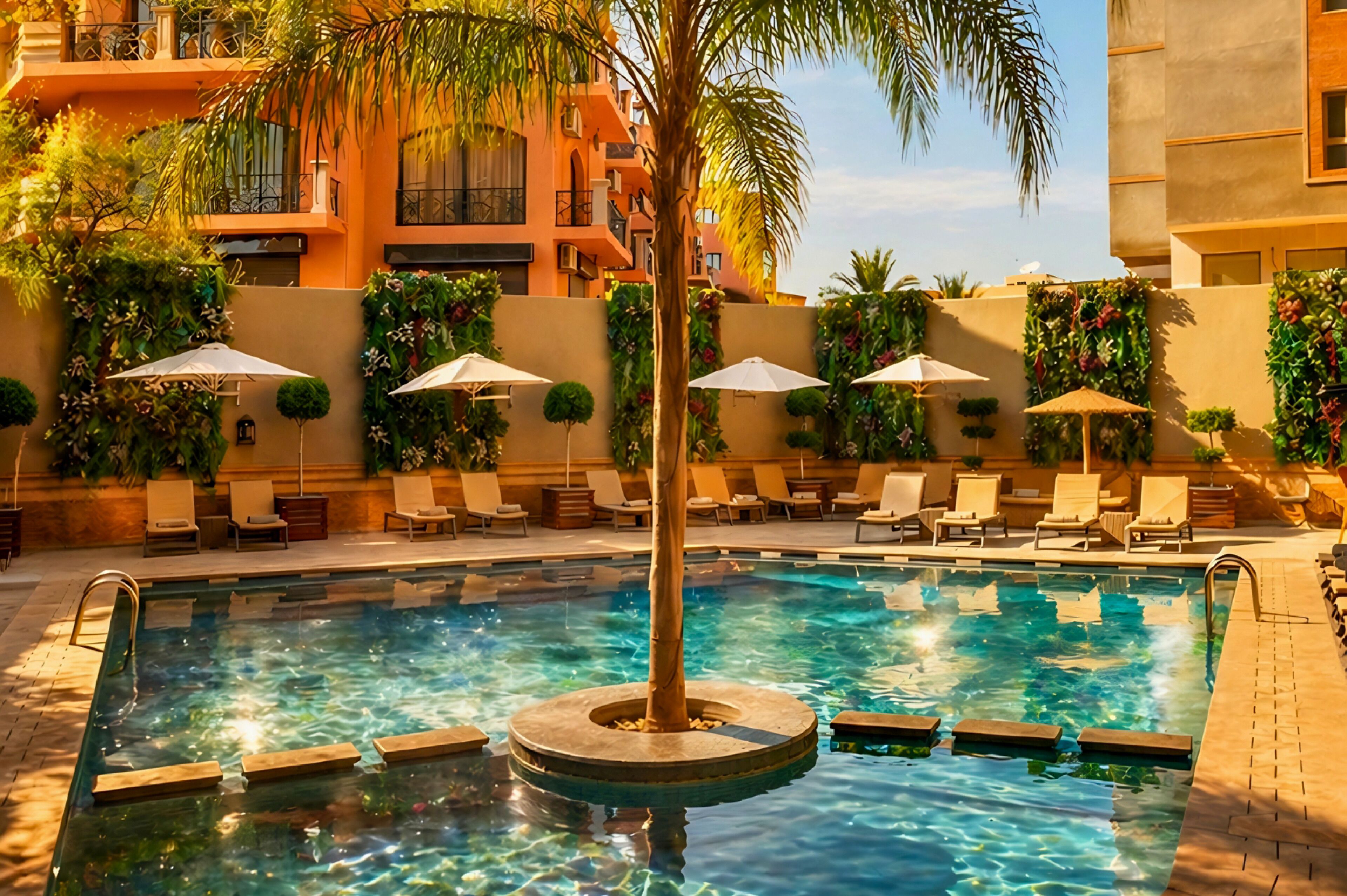 Outdoor pool, pool umbrellas, pool loungers