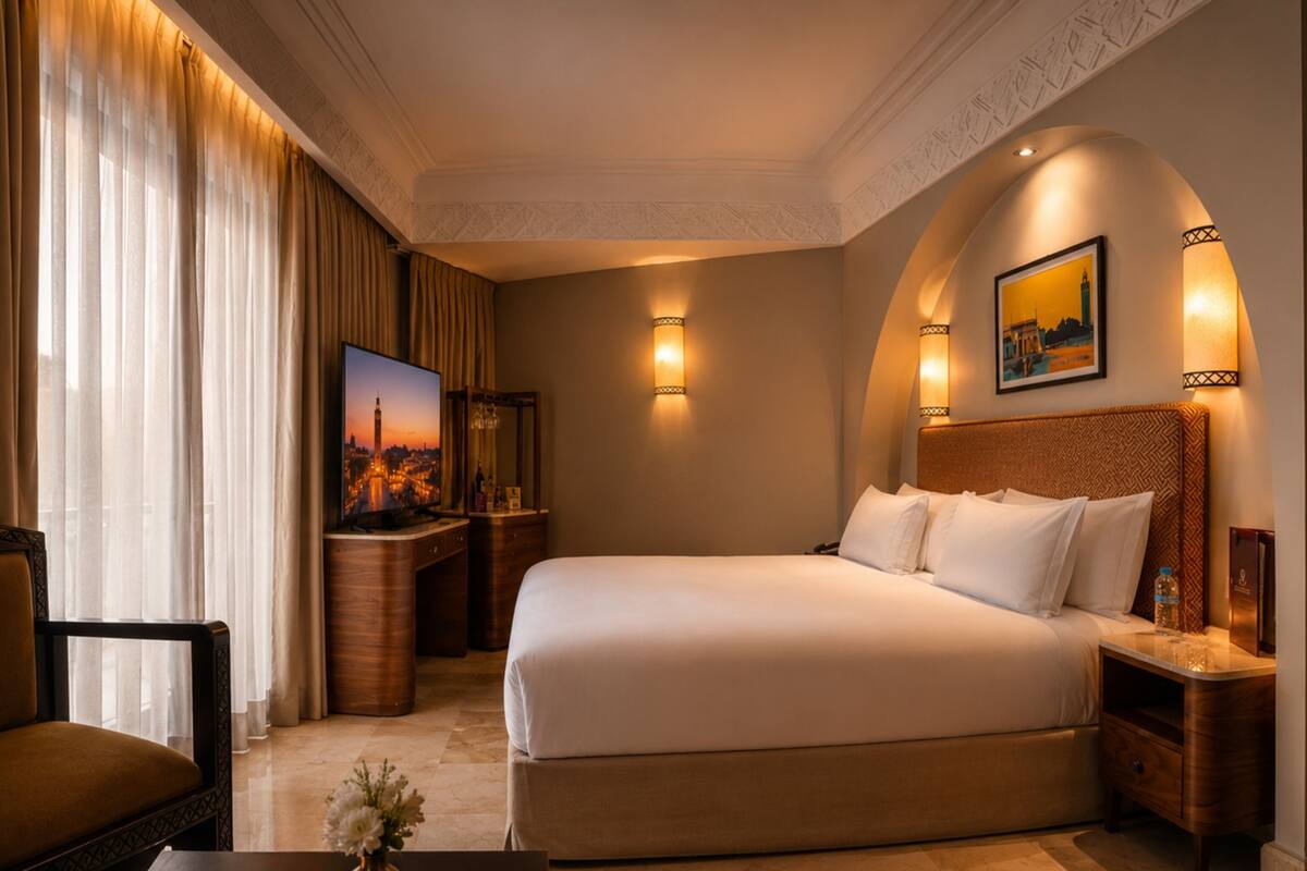Ein Hotelzimmer mit einem großen Bett, einem Fernseher, einem Schreibtisch mit Spiegel und einem Bild an der Wand.