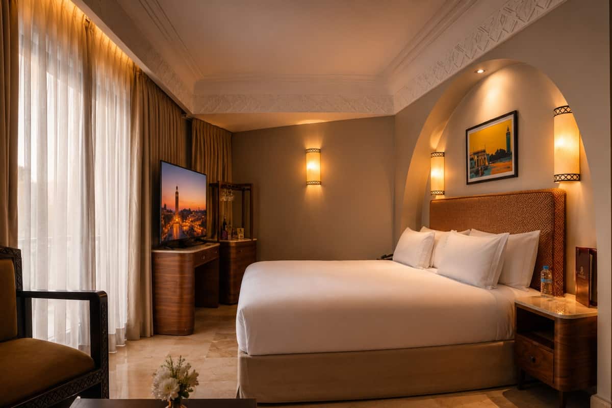 Une chambre dâhĂŽtel avec un grand lit, une tĂ©lĂ©vision, un bureau avec un miroir et un tableau au mur.