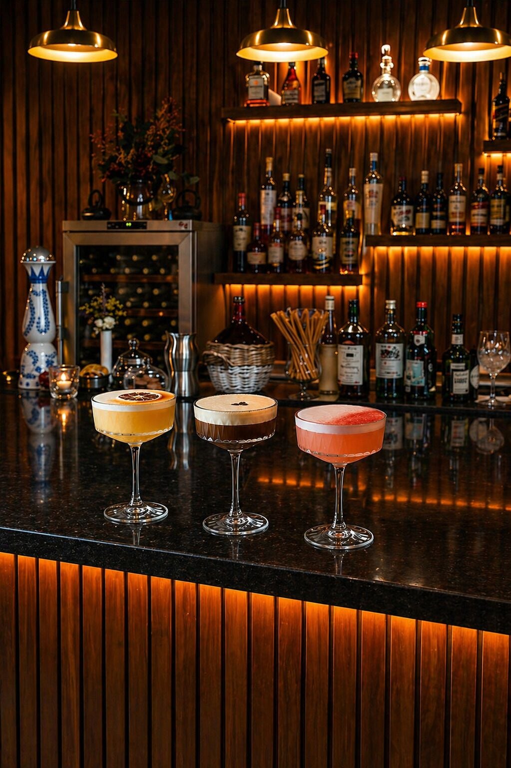 A bar area with three cocktails on the counter, a variety of bottles, and a wooden wall with vertical slats.
