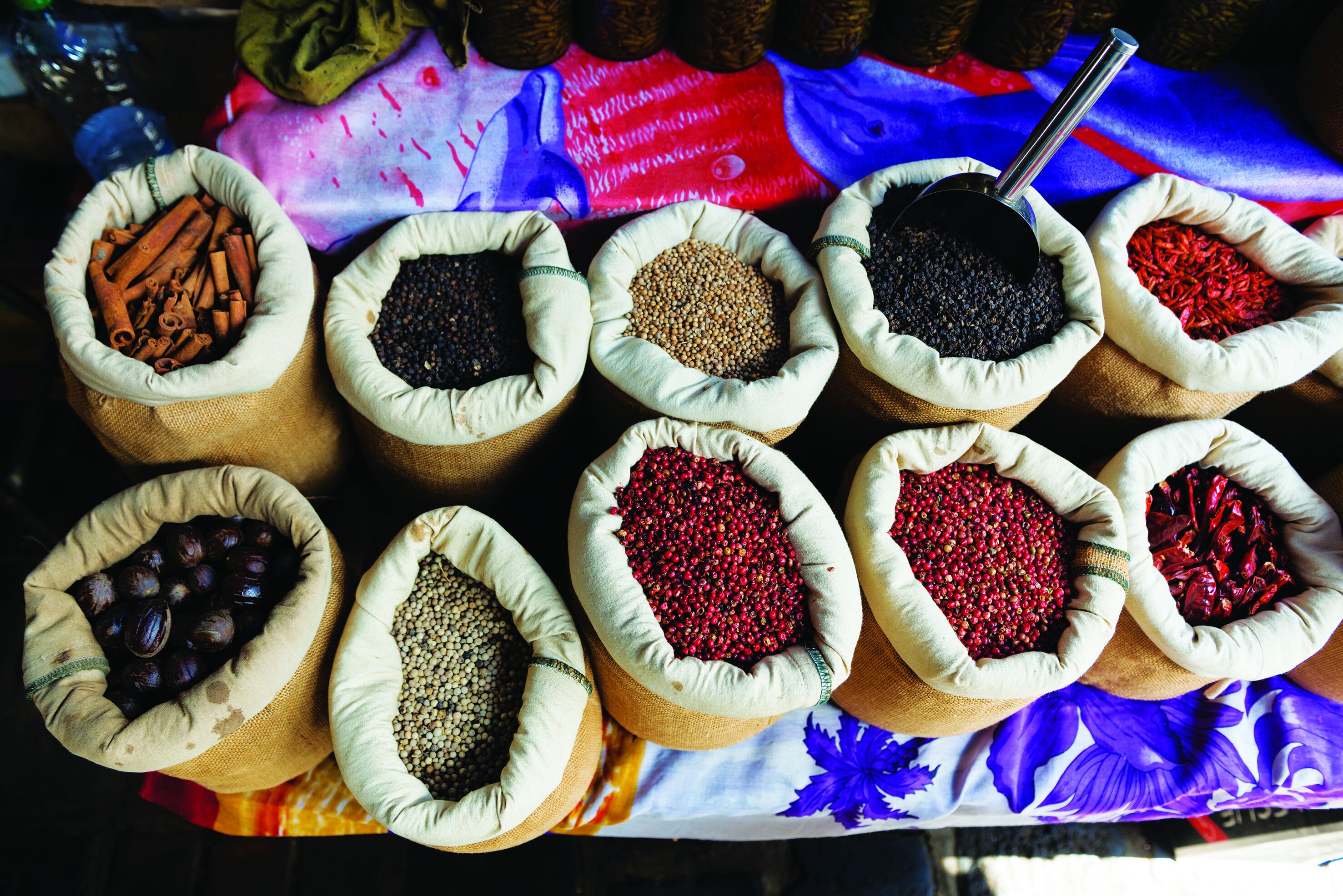 A display of various spices in burlap sacks.