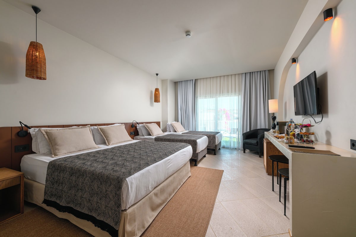 Een hotelkamer met twee bedden, een bureau, een stoel, een televisie en een raam met gordijnen.