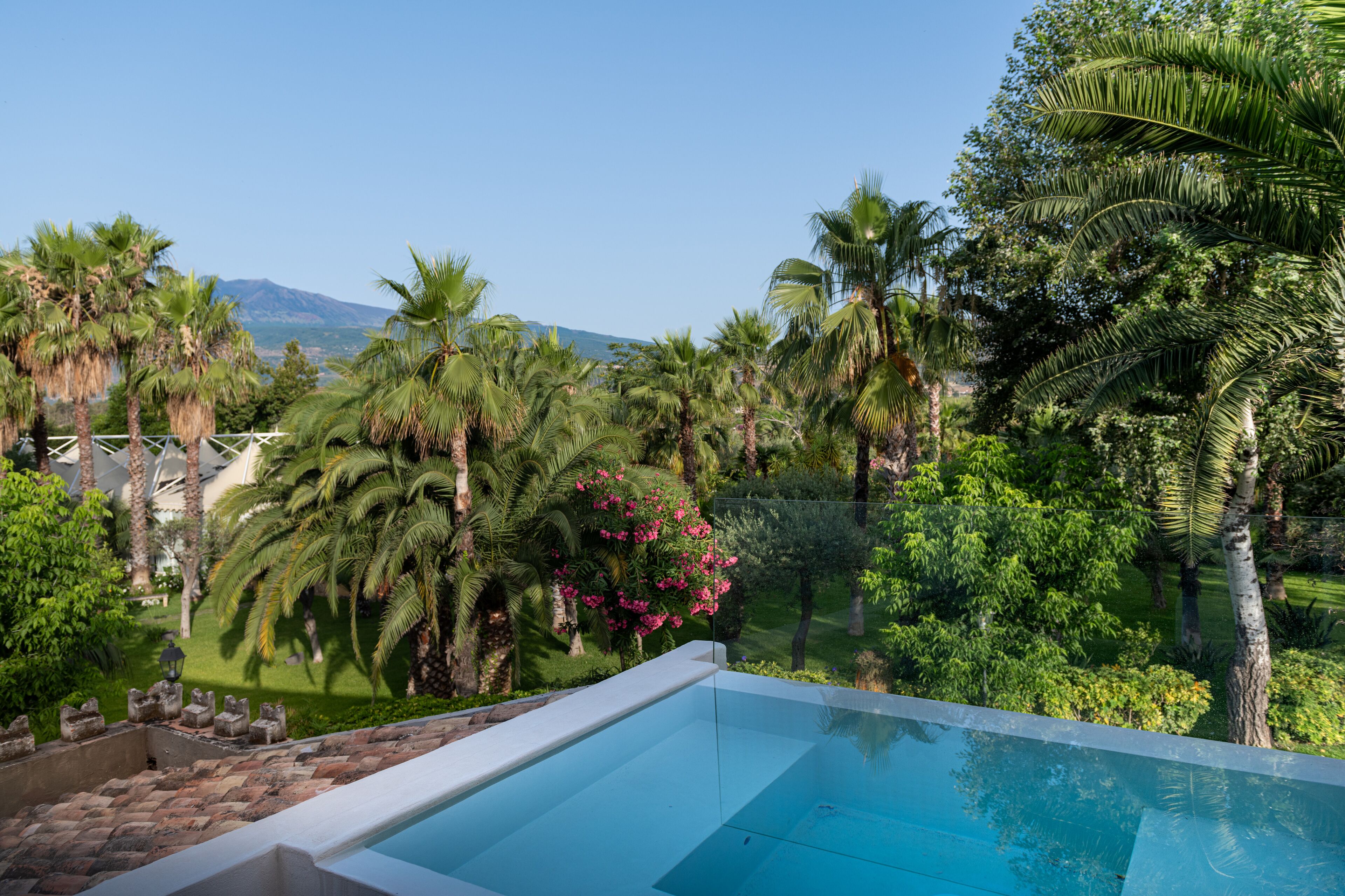 A swimming pool with a view of a lush garden and a mountain in the background.