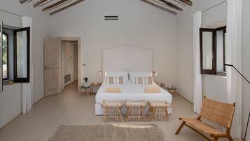 A bedroom with a large bed, bedside tables, a chair, and a view of the outdoors.