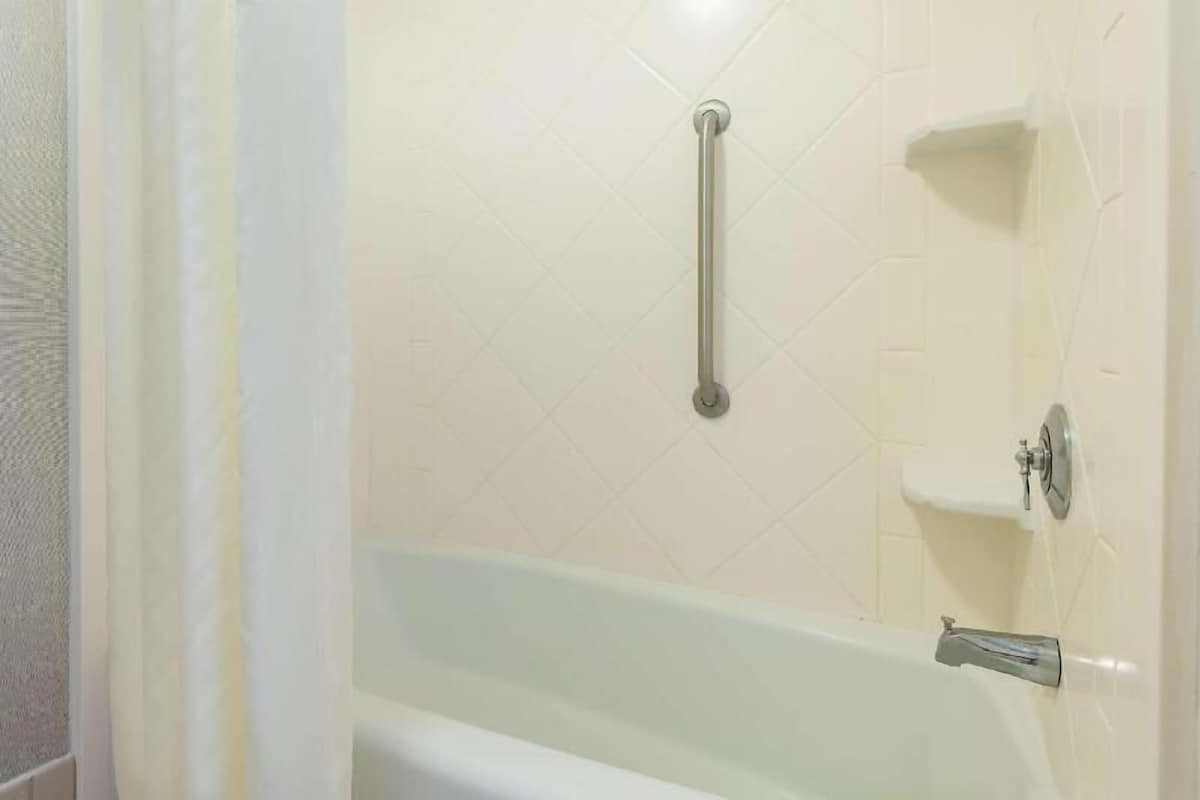 Combined shower/tub, free toiletries, hair dryer, towels