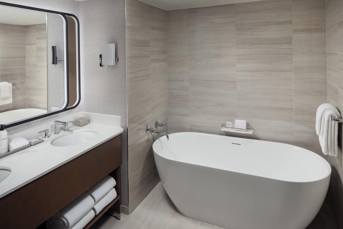Separate bathtub and shower, designer toiletries, hair dryer, bathrobes