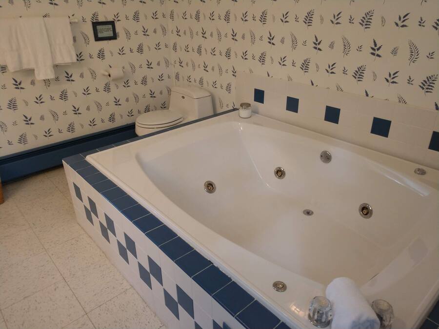 A bathroom with a large bathtub, a toilet, and a sink.
