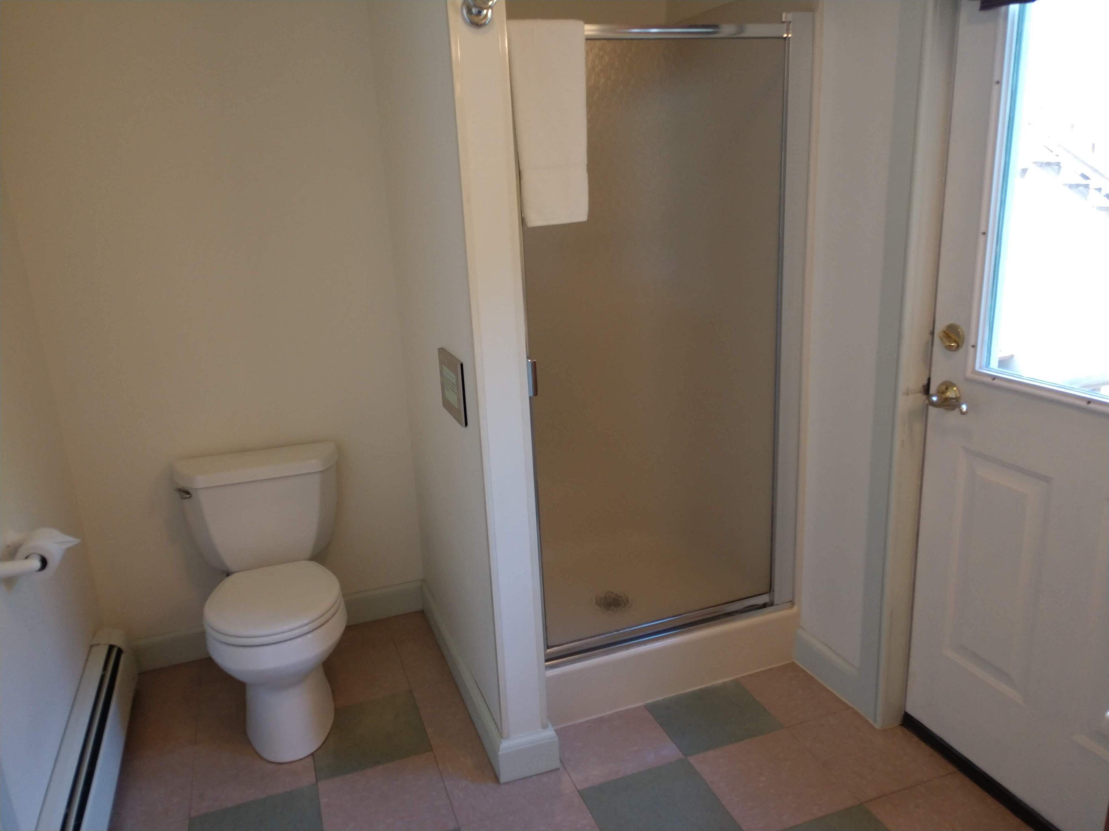 Un baño con inodoro, ducha y puerta.