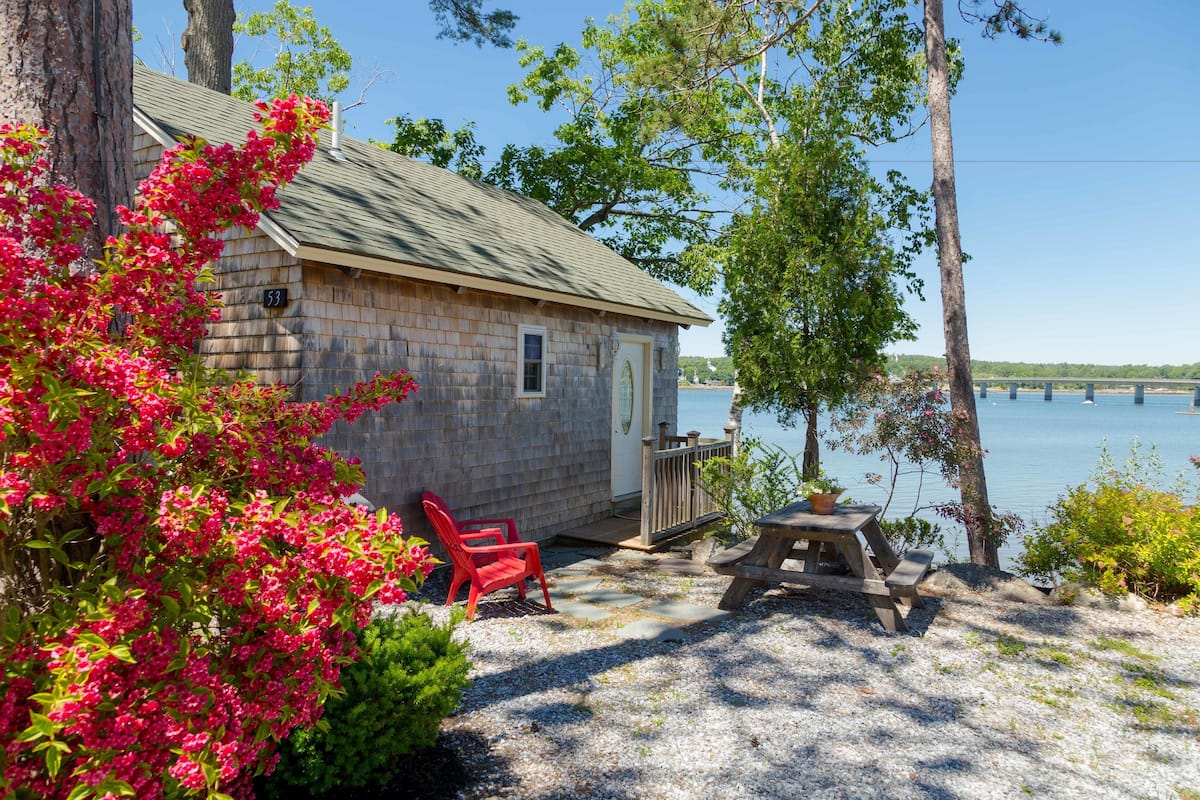 A rustic cabin with a dock, surrounded by lush greenery and a clear view of a lake.