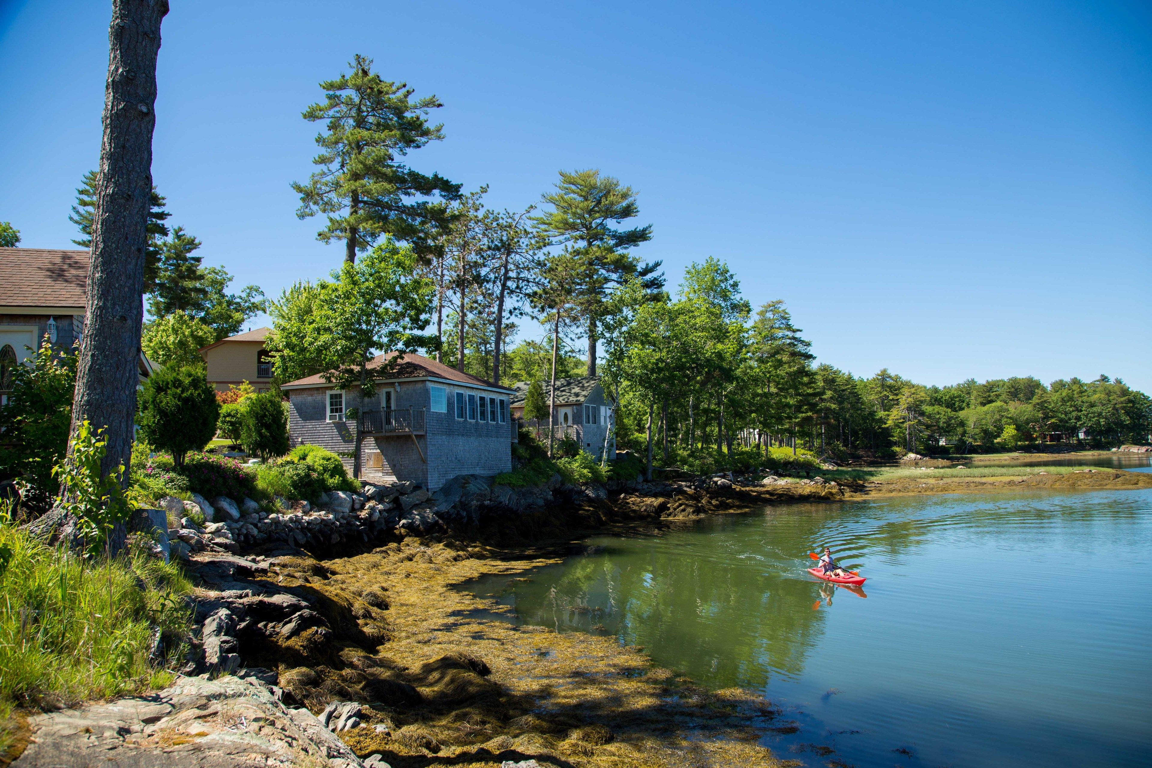 A lakeside property with a house, a kayak on the water, and surrounding greenery.