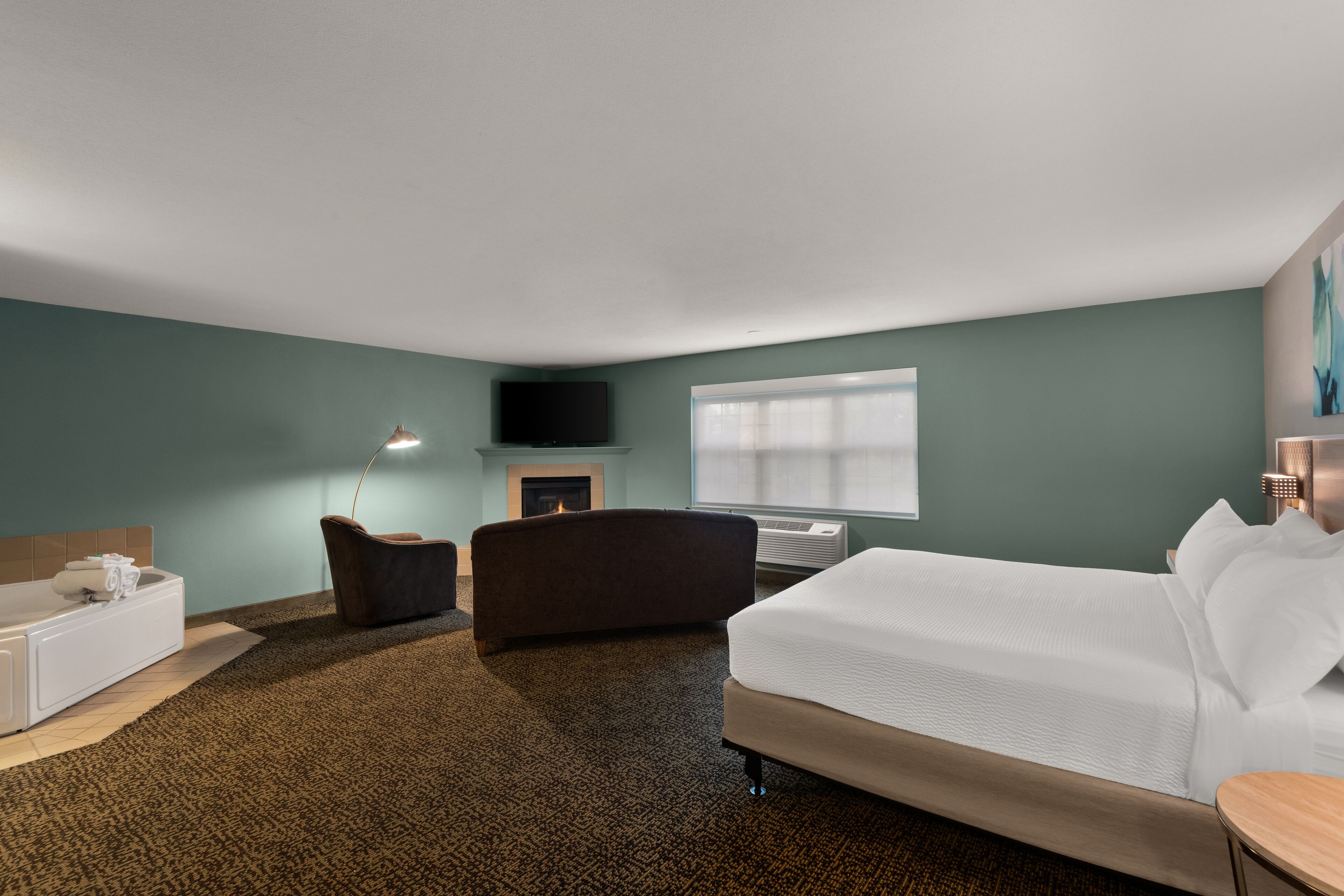 Une chambre d’hôtel avec un lit, un canapé, une télévision, une cheminée et une fenêtre.
