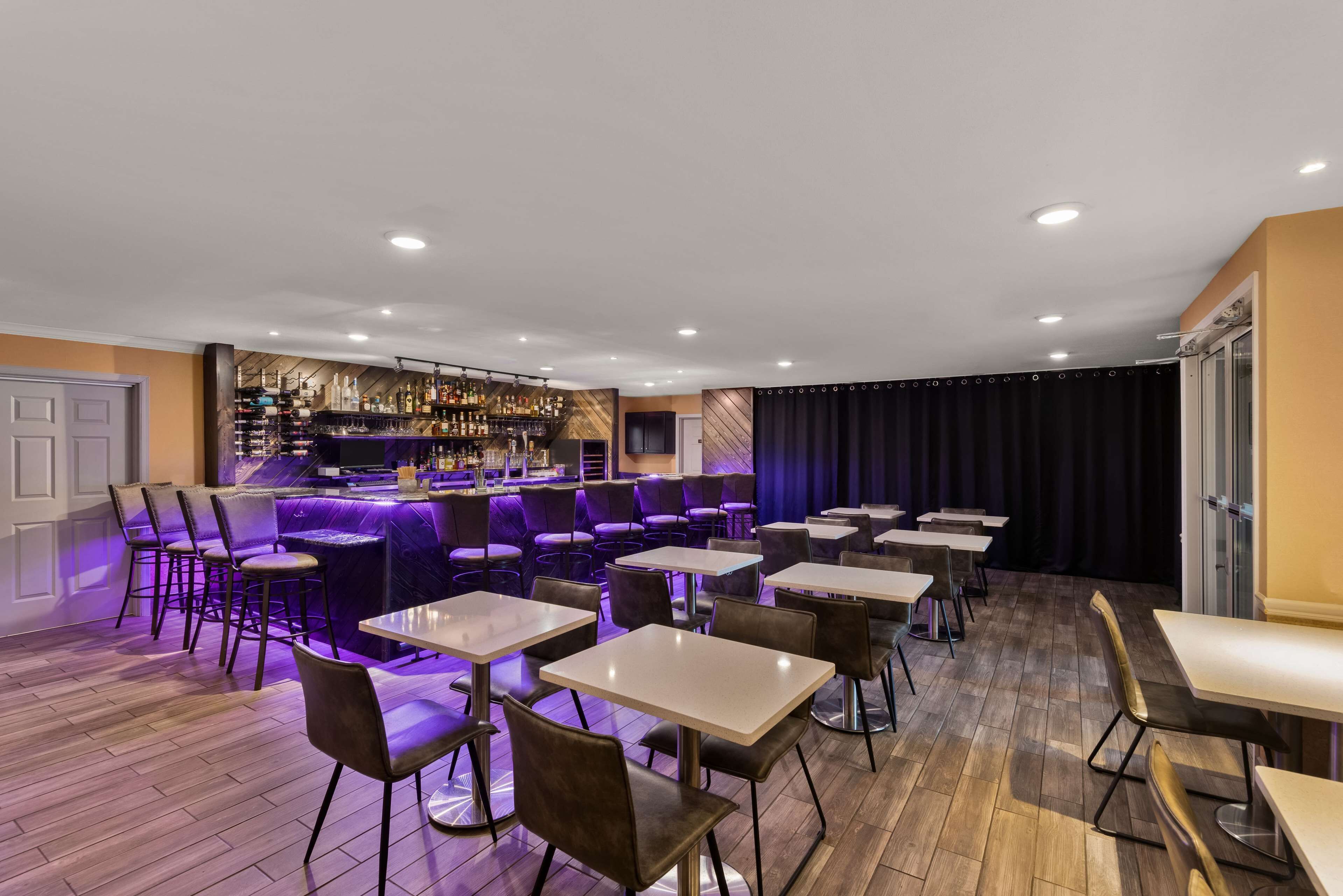 Zona de bar con barra, asientos y un escenario.
