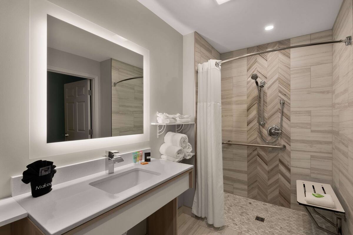 room, 1 king bed, accessible, non smoking (roll in shower) | bathroom | combined shower/bathtub, free toiletries, hair dryer, towels