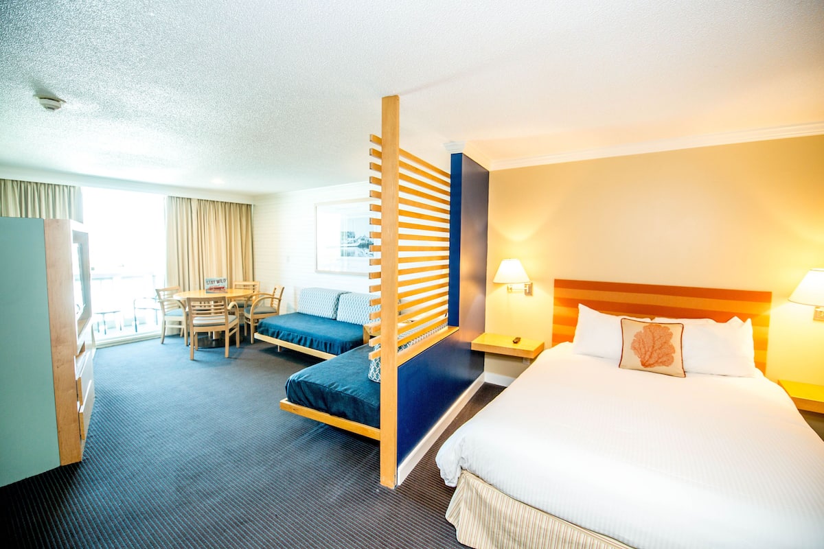 Una habitación de hotel con una cama, un escritorio, una silla y un sofá.