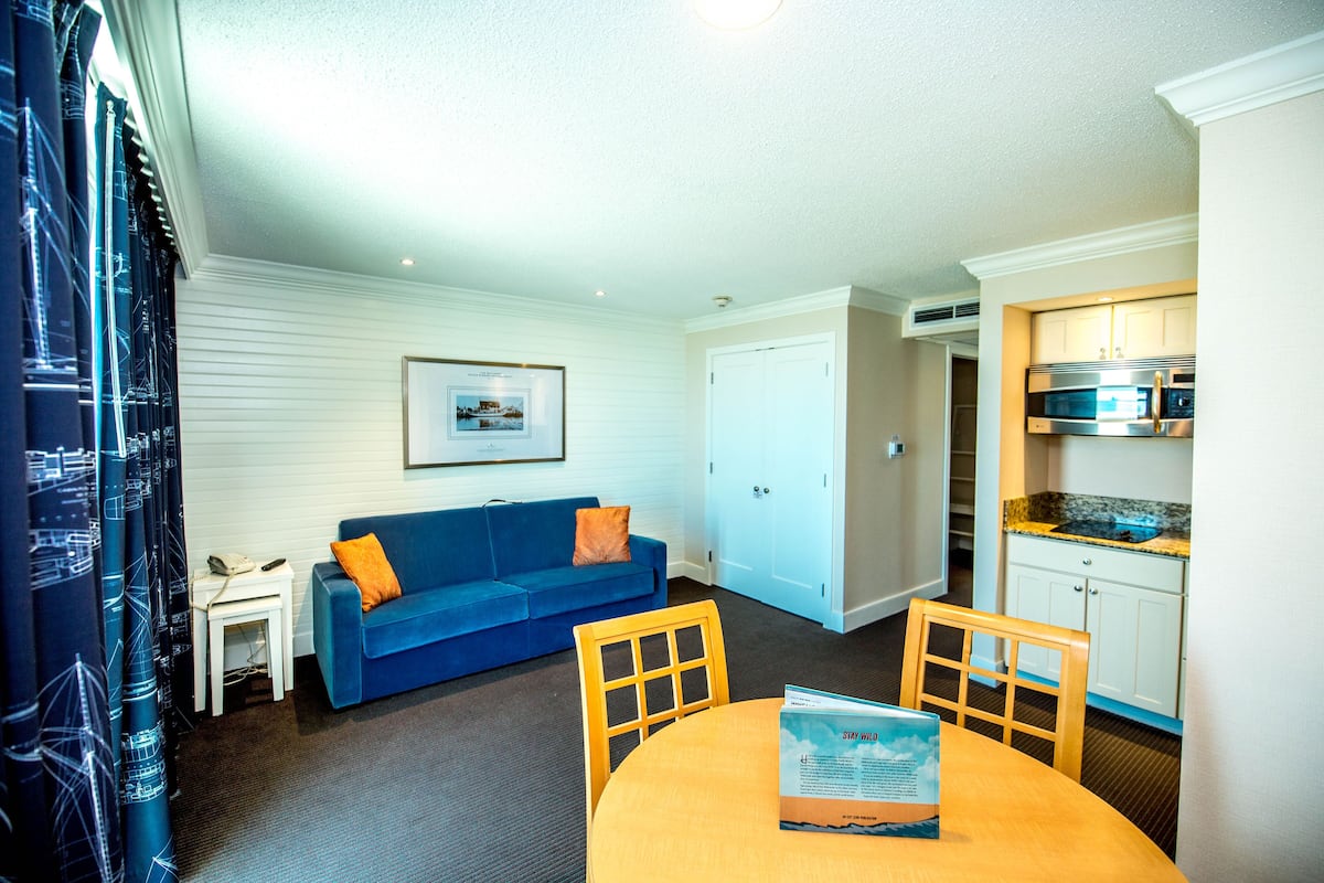Un espacio habitable pequeño con un sofá azul, una mesita y una mesa de comedor con un folleto.