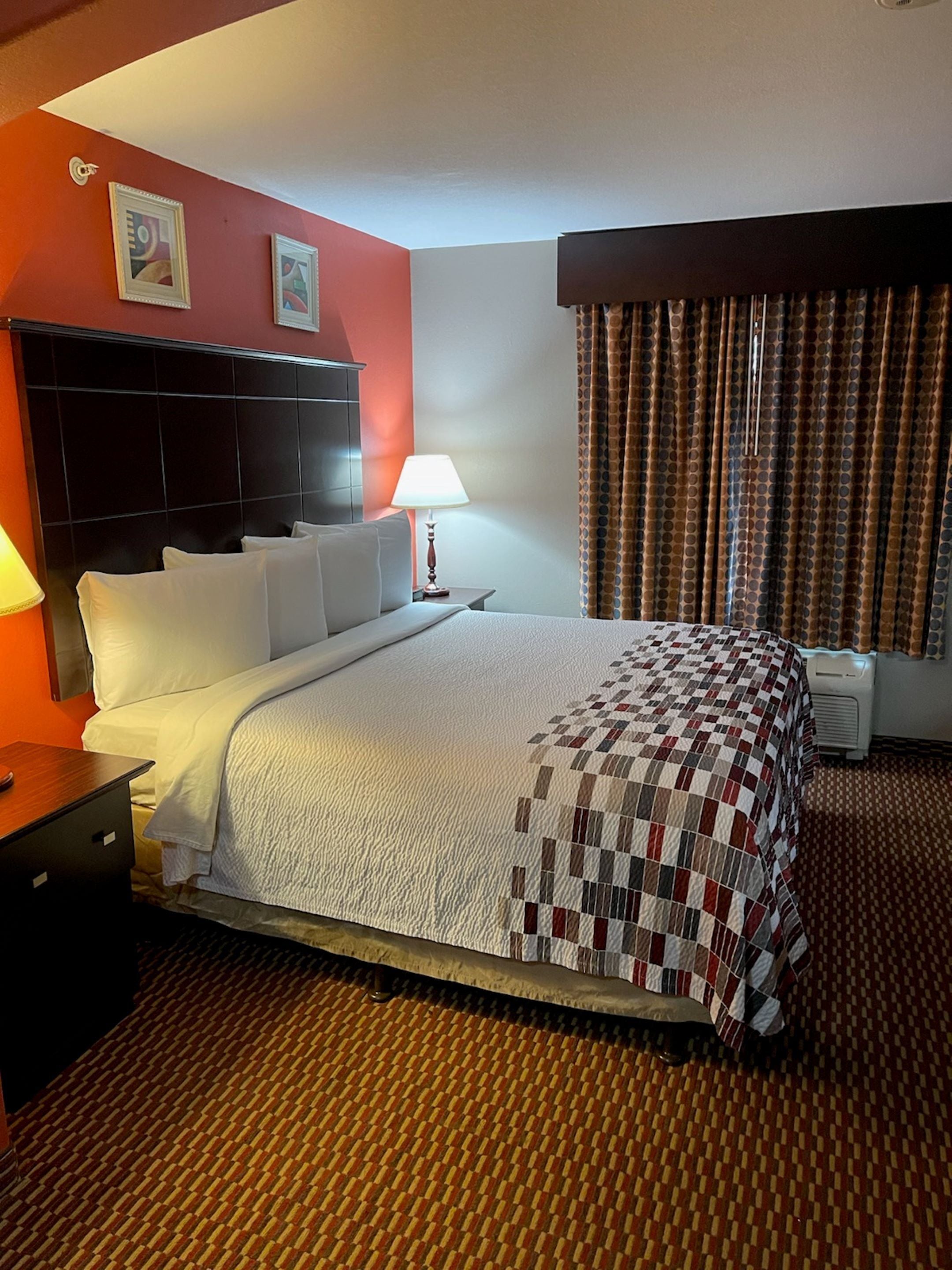 Une chambre d’hôtel avec un grand lit, une table de chevet, une lampe, un téléviseur fixé au mur et une fenêtre avec des rideaux.