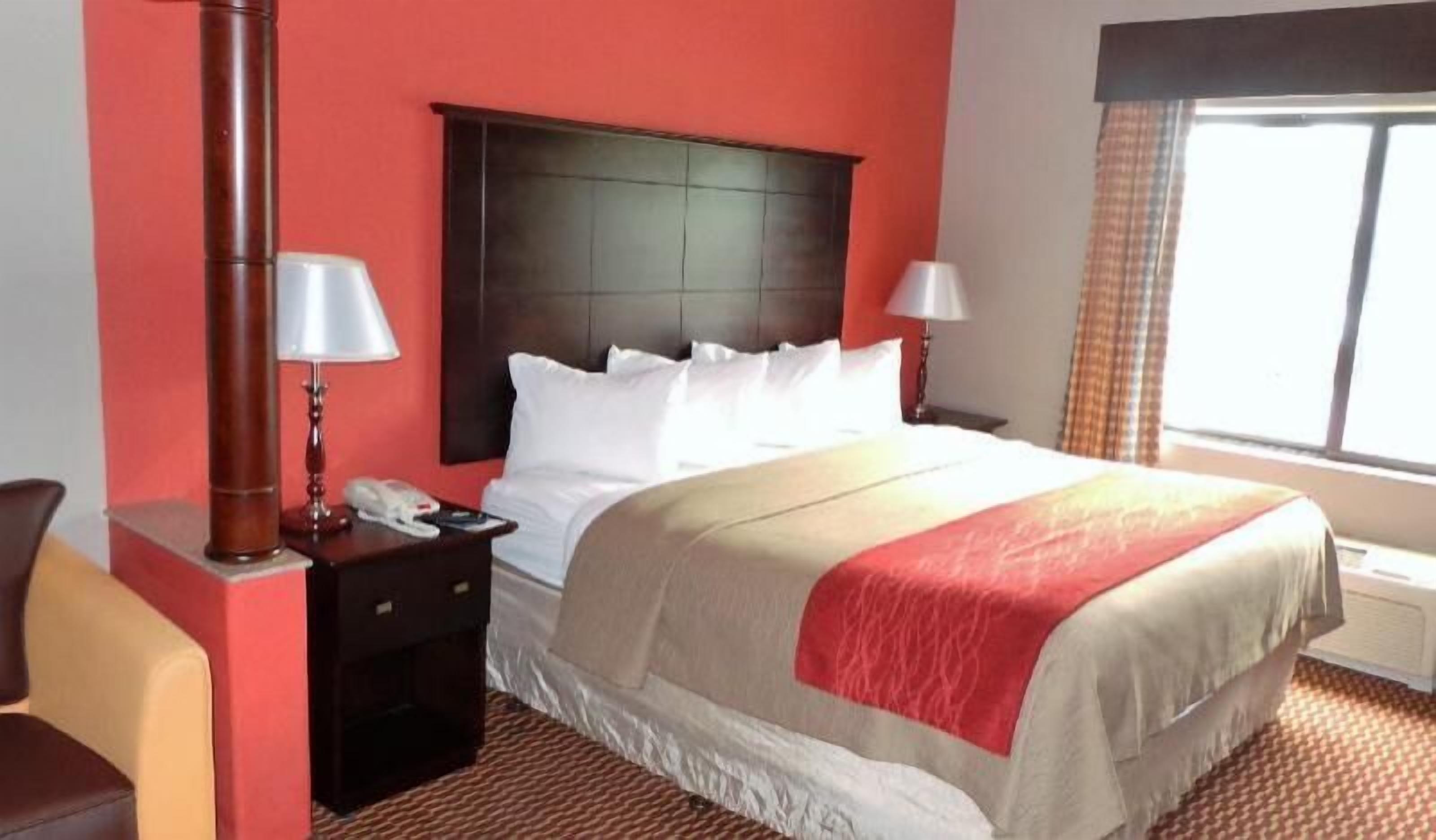 Desk, laptop workspace, blackout curtains, iron/ironing board