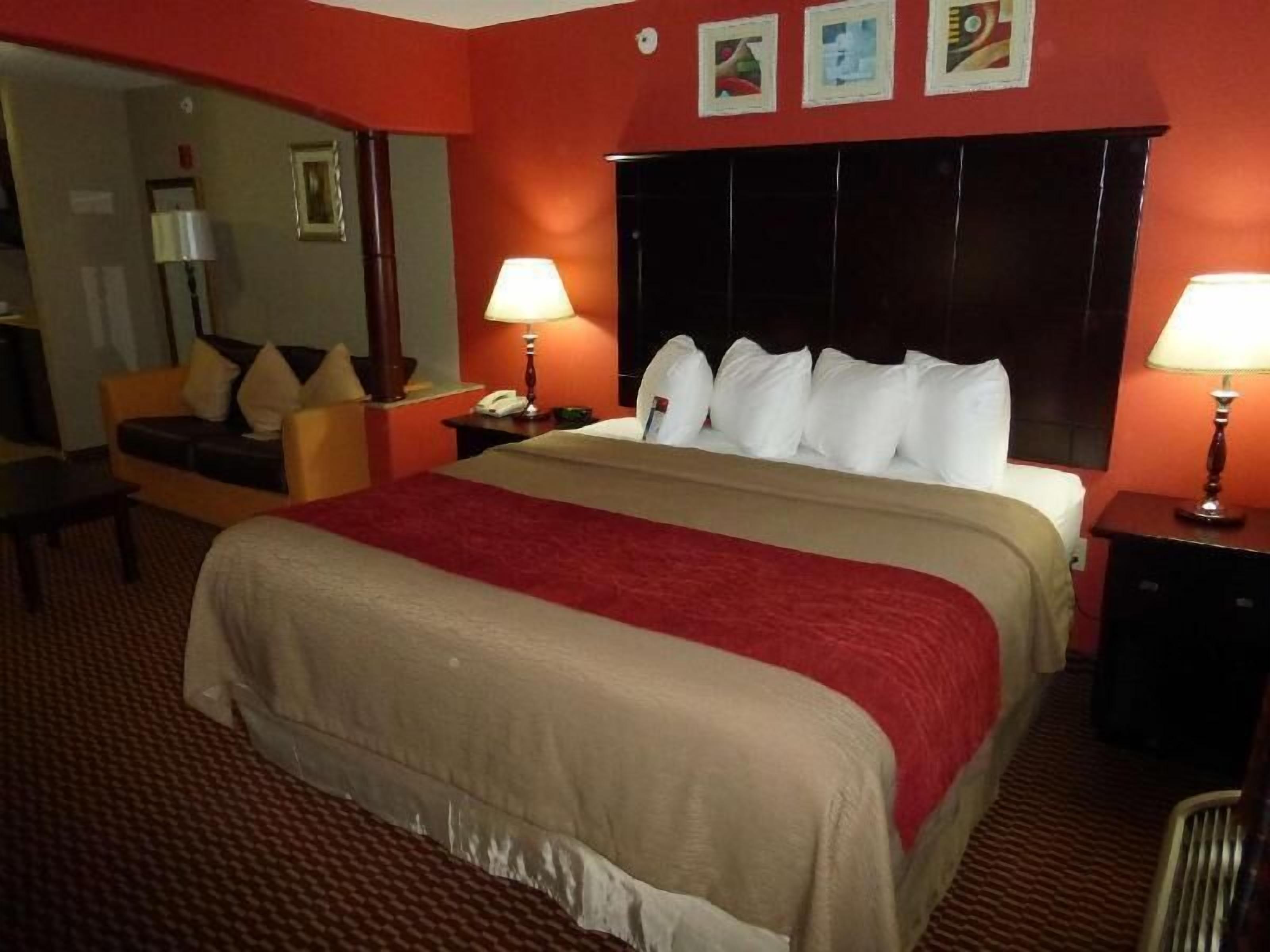 Desk, laptop workspace, blackout curtains, iron/ironing board