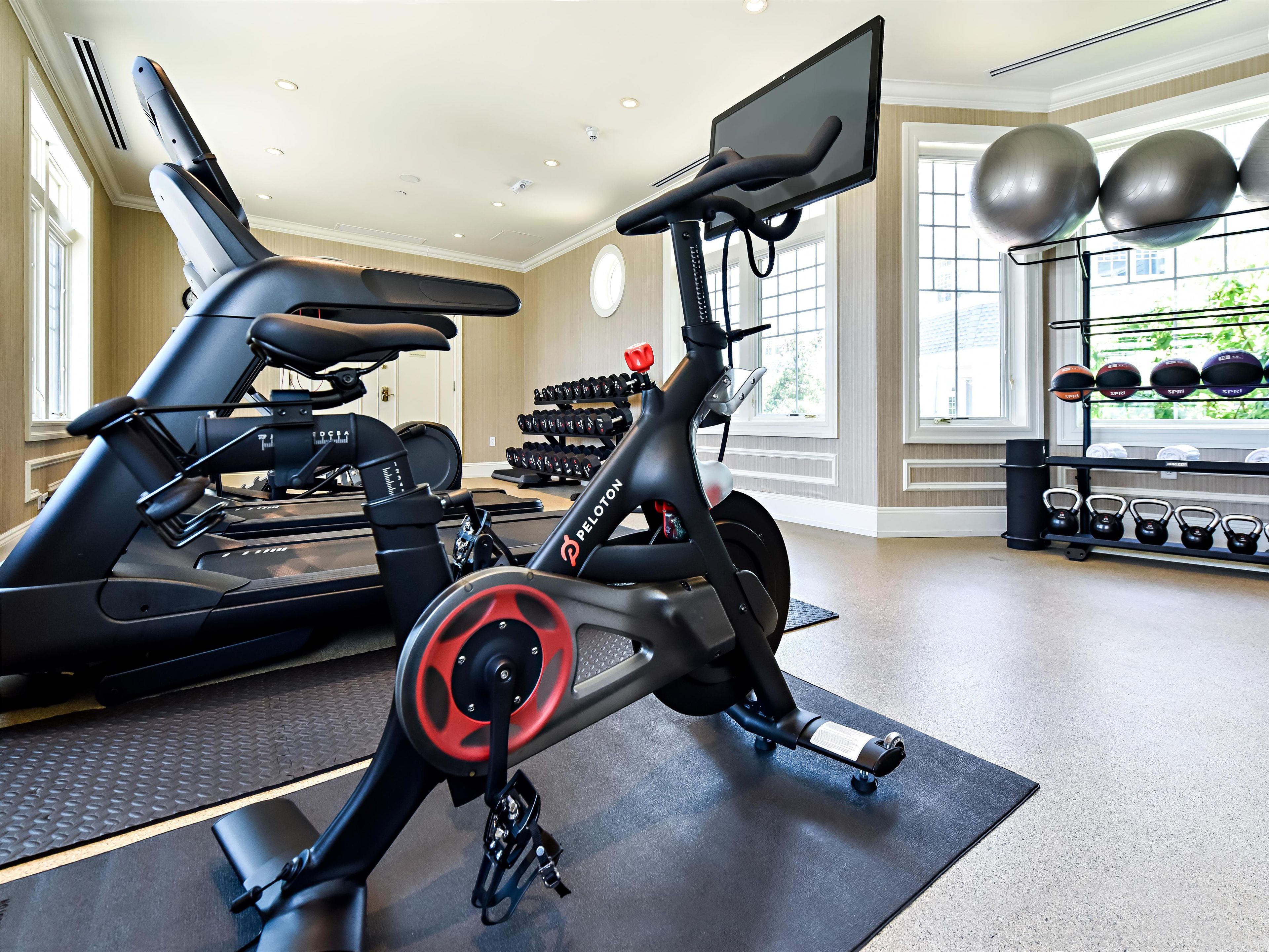 A gym with exercise equipment, a treadmill, and a stationary bike.