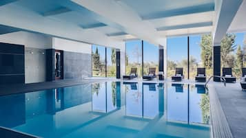 Indoor pool, outdoor pool, pool loungers