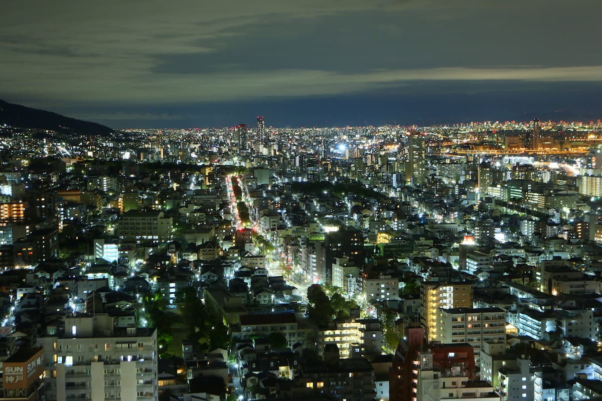 A densely packed urban area with numerous buildings and streets at night.