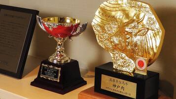 Two awards on display, one red and one gold, with plaques and text in a foreign language.