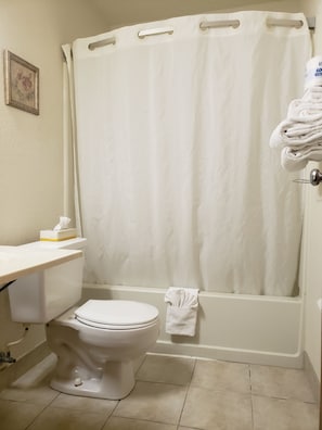 Combined shower/bathtub, free toiletries, hair dryer, towels