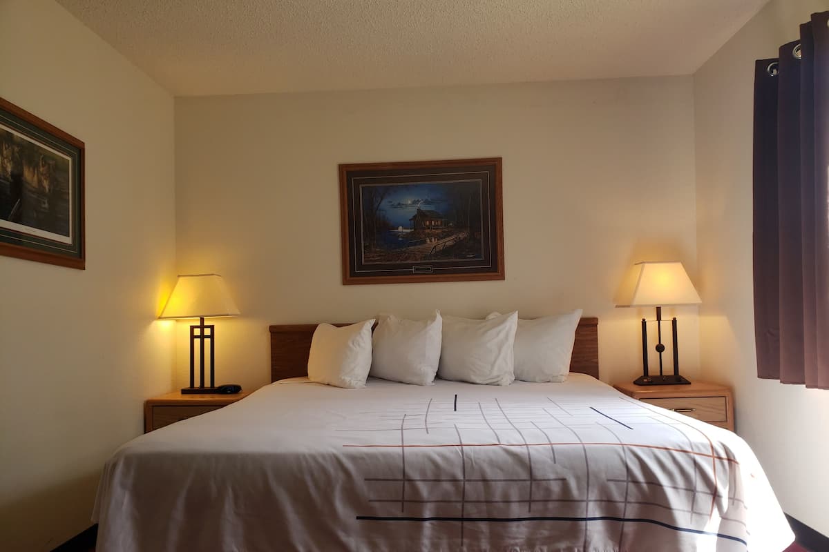 A hotel room with a large bed, two bedside lamps, a framed picture on the wall, and a window with curtains.
