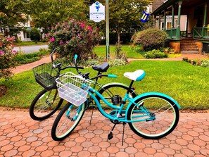 A turquoise bicycle with a basket and a seat, parked on a paved path with a sign for Hummingbird Inn in the background. - Hummingbird Inn (Easton)