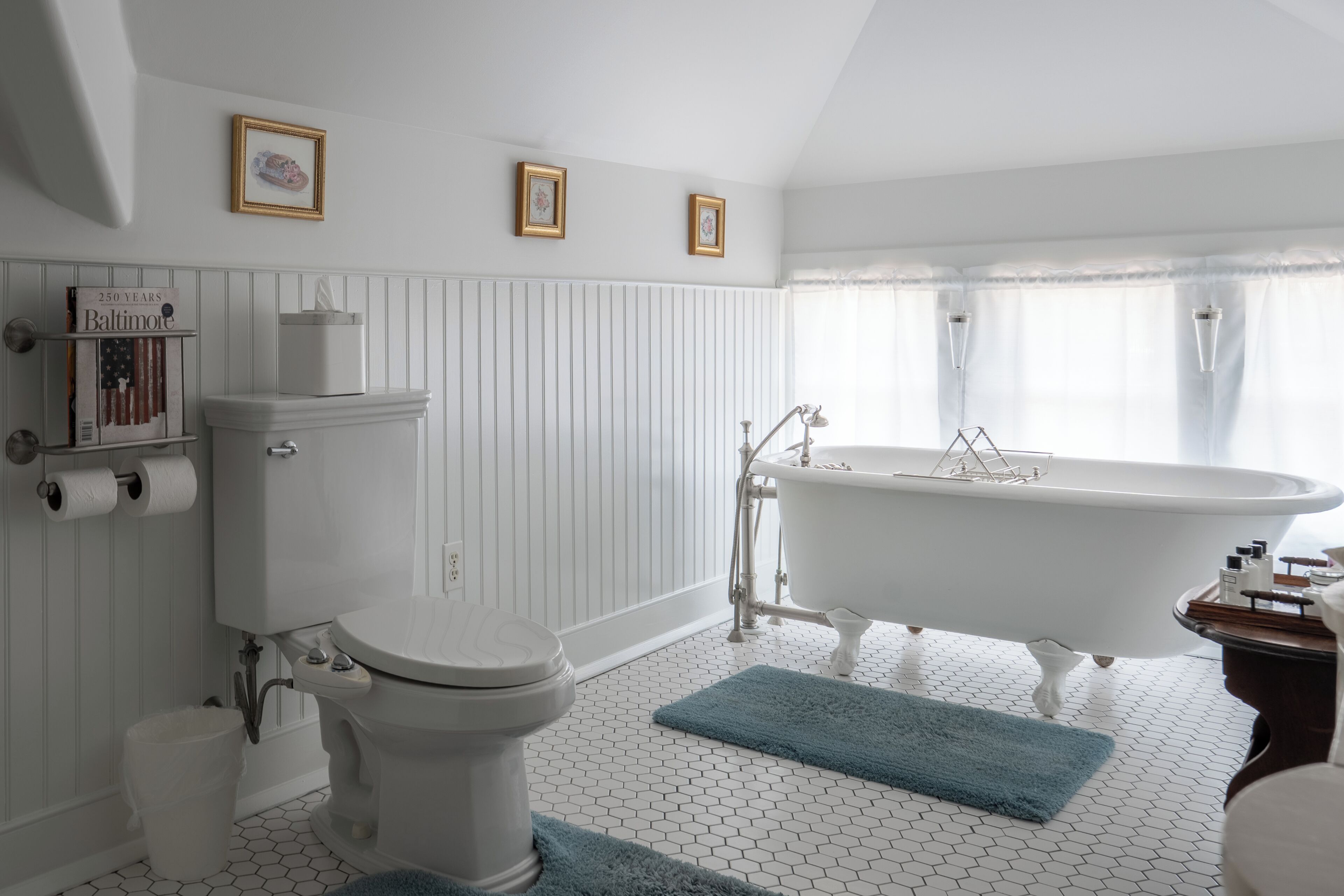 A bathroom with a toilet, a bathtub, and a window with curtains.