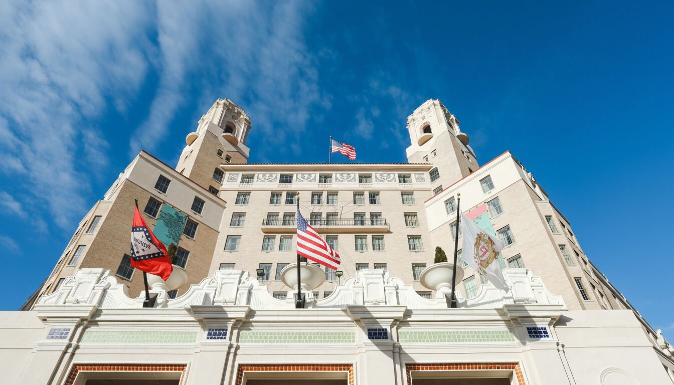 A large building with two towers, multiple flags, and a clear blue sky.
