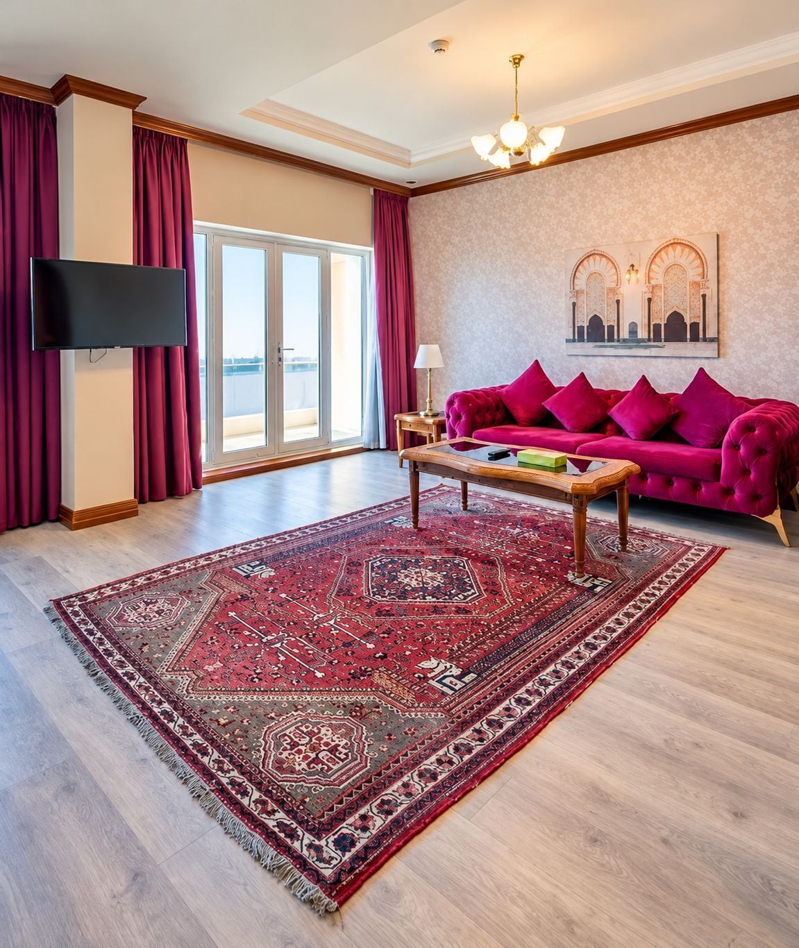 A spacious living room with a large red rug, a plush red sofa, a flat-screen TV, and a view through a glass door.