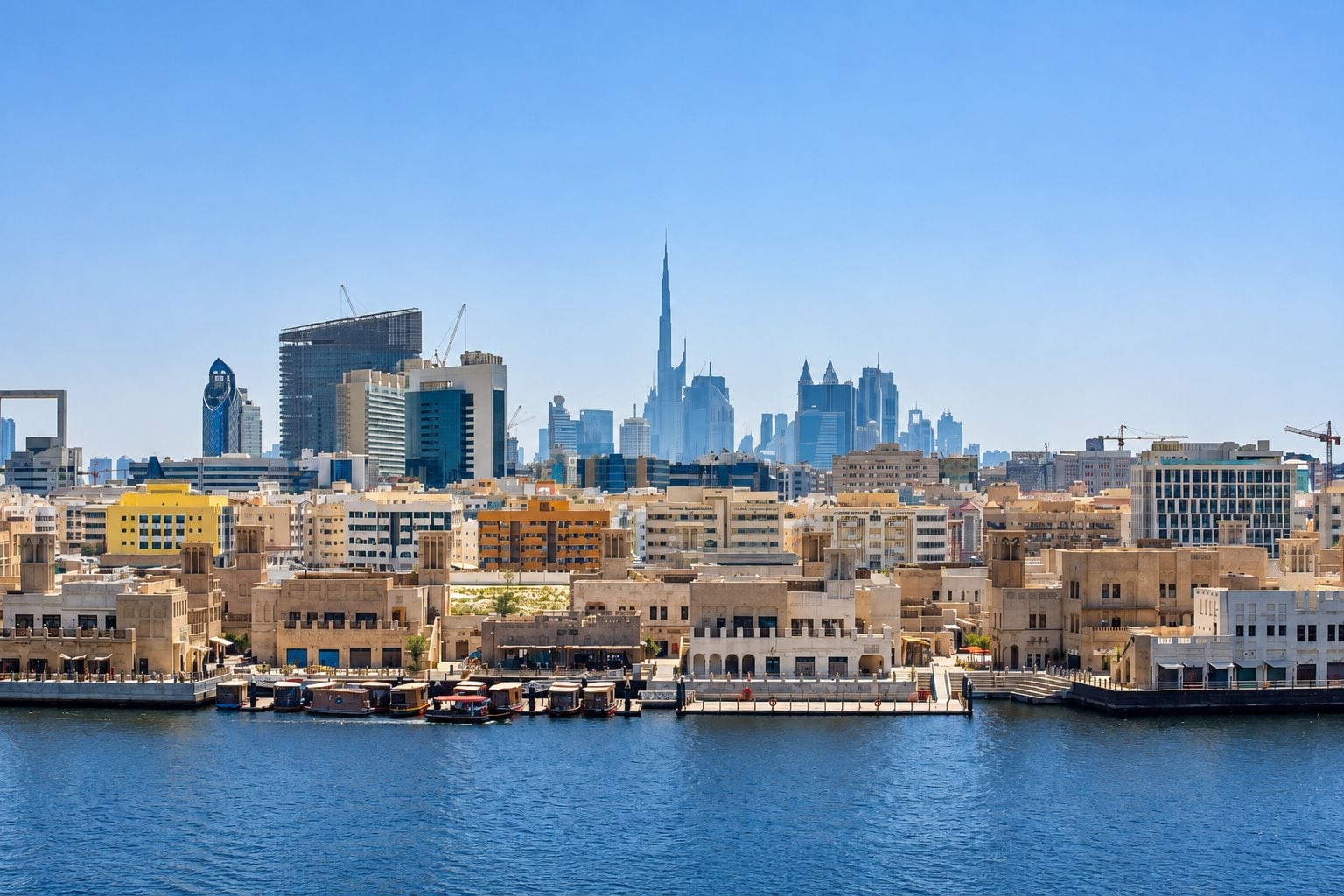 A city skyline with modern buildings and a prominent skyscraper.