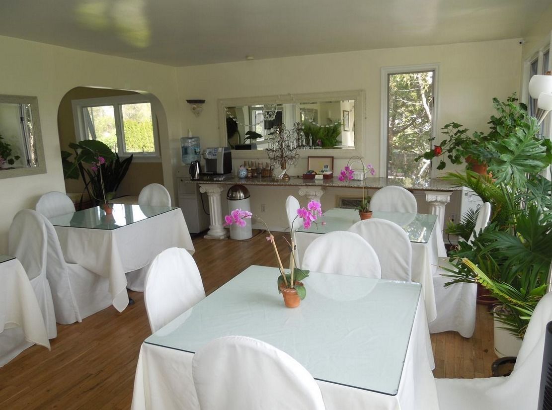 Un comedor con mesas y sillas blancas, una cocina al fondo y varias plantas en macetas.