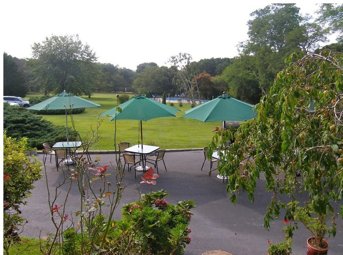 An outdoor seating area with tables and chairs, green umbrellas, and potted plants.
